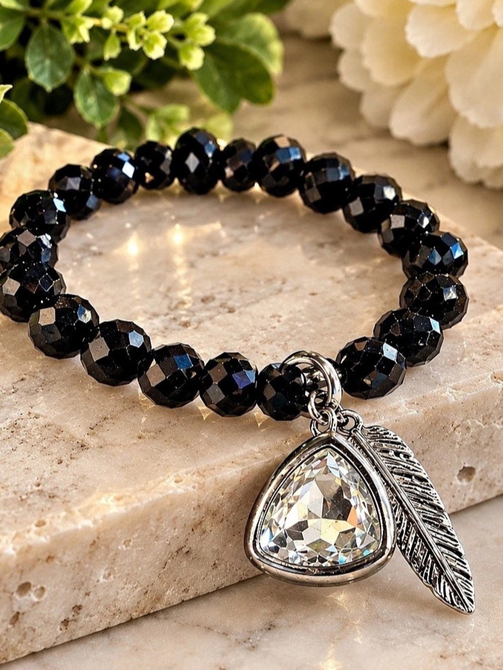 Black Beaded Charm Bracelet W/ rubber marine and feather accents